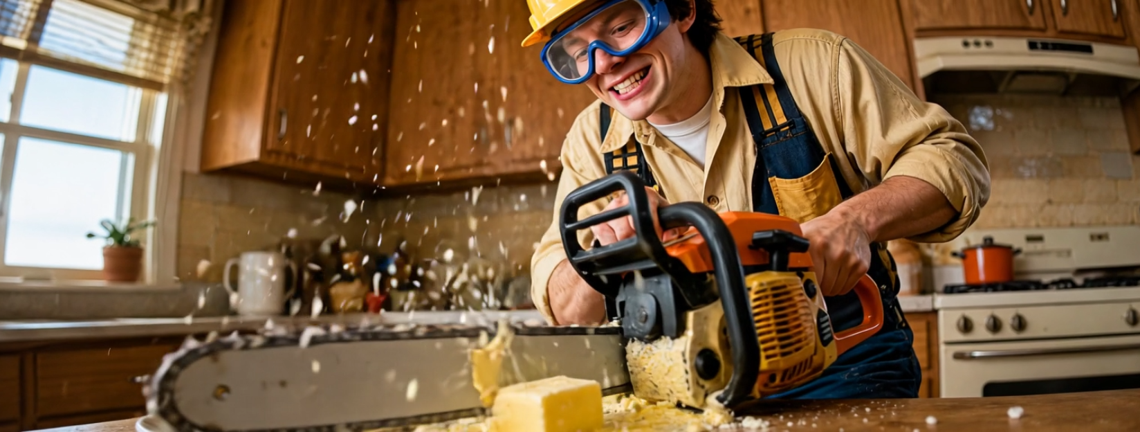 A man is cutting a piece of butter with the heavy duty chainsaw