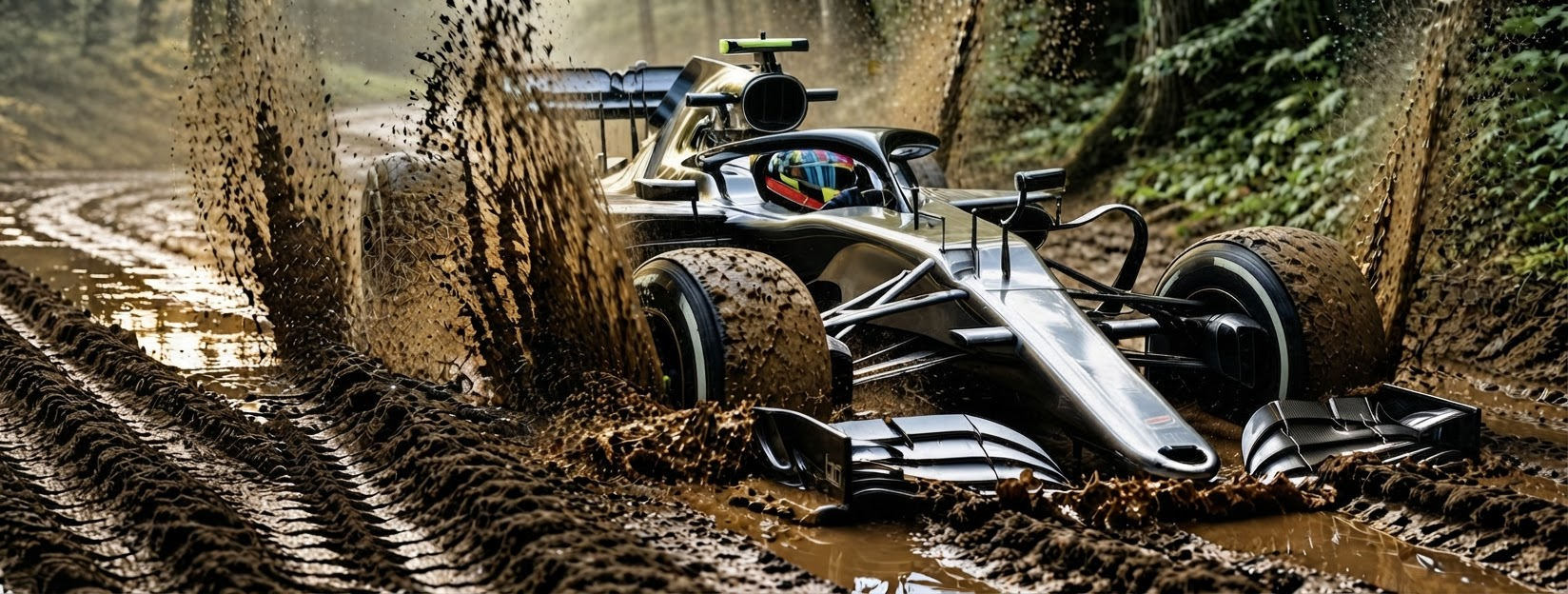 A Formula One car racing through a muddy dirt road, wheels spinning up walls of mud